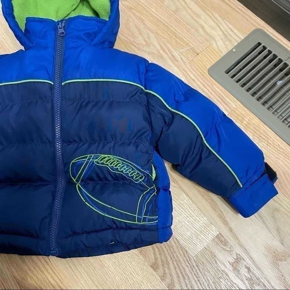 Carter’s Puffer Jacket Blue Green Football Sz 18 Months Full Zip Hooded